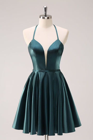 Vestido de fiesta corto con escote halter en azul pavo real Espalda con cordones